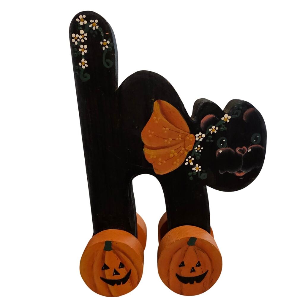 Vintage Halloween Wooden Cat Decor Kitty 80s Cottage Pumpkin Wheels Folk Art